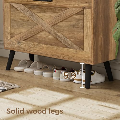 Image of Homleke Farmhouse Shoe Storage Cabinet with Flip Drawers & Barn Door Design | Slim Narrow Shoe Rack Cabinet with Adjustable Shelves & Hidden Storage for Entryway, Hallway, Living Room, Rustic Walnut