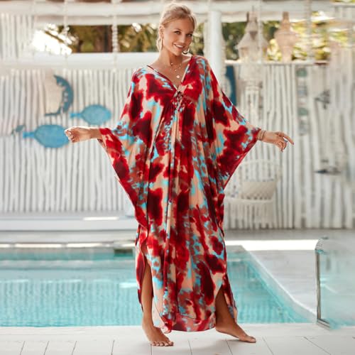 Image of IMAGEKOPE Women's Plus Size Animal Print V-Neck Batwing Kaftan Beach Dress Bathing Suit Cover-Up Loungewear