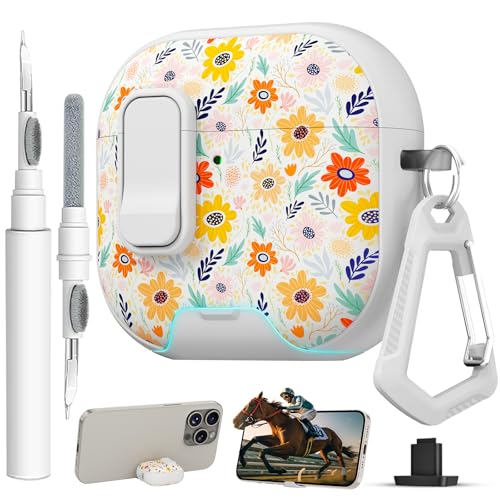 Image of for AirPods 4 Case with Safty Lock & Phone Stand,Cute Floral Pattern Style | PC&TPU Dual Layer Protective Cover with Keychain & Cleaner Pen for Apple AirPod 4th Generation 2024 Women(Bin Chrysanthemum)
