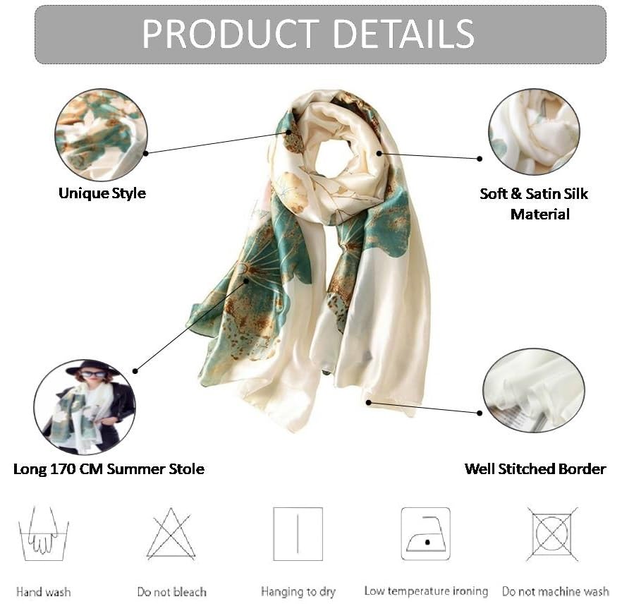 Image of Alexvyan Satin Silk Summer Scarves 170 x 84 cm, Floral Print Green and Off White Colour with Stitched Border, Lightweight Fashion Scarf for Women Sun Protection Stole