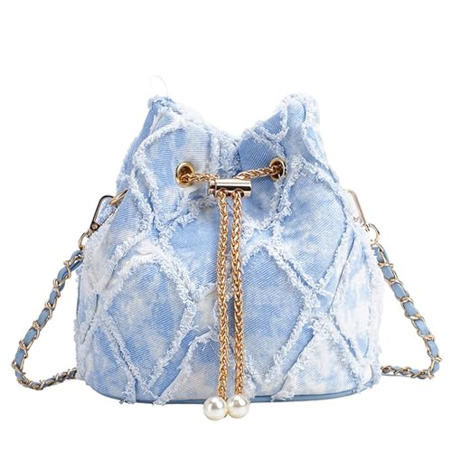 Image of Denim Bucket Bag Quilted Drawstring Jean Purses for Women Denim Clutch Hobo Bags Crossbody Handbag