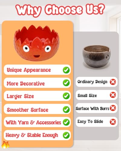 Image of Coopay Flame Yarn Bowl for Crocheting /Knitting, Cute Yarn Storage Bowl with 7PCS Yarn, Large Size Ceramic Yarn Bowl Crochet Knitting Bowl for Beginners, Great Knitting Crochet Gift (7in)