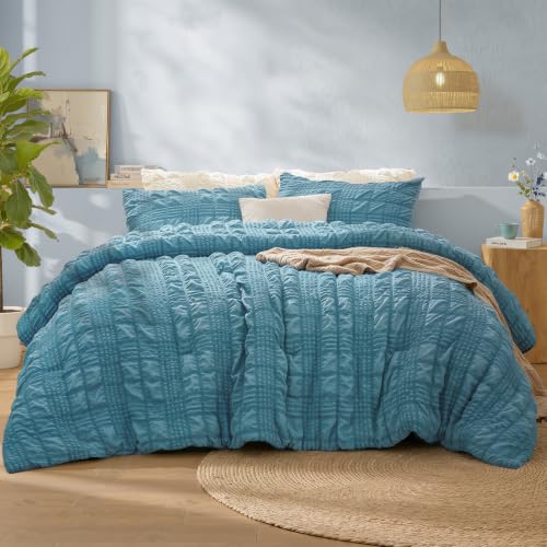 Image of BEDELITE King Size Comforter Set, Seersucker Bedding Set 3 Pieces, Blue Fog | All Season Use, Machine Washable, Soft and Lightweight, Ruched Comforter for Bedroom, Wrinkle-Resistant, Cozy and Stylish