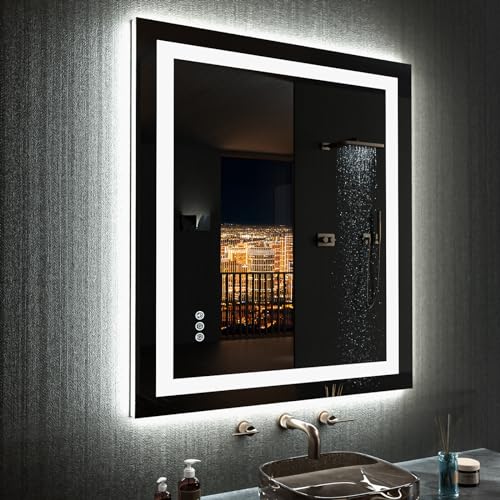 LOAAO 28"X32" LED Bathroom Mirror with Lights, Anti-Fog, Dimmable, RGB Backlit + Front Lighted, Bathroom Vanity Mirror for Wall, Memory Function