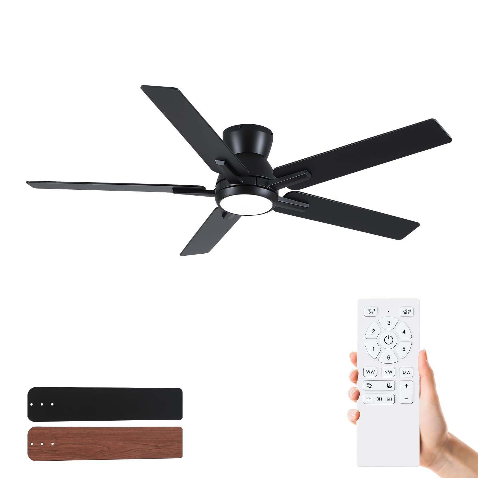Sevenine 52 Inch Black Flush Mount Ceiling Fans with Lights and Remote, Black Low Profile Ceiling Fan for Bedroom Living Room Patio/Outdoor, Quiet 6