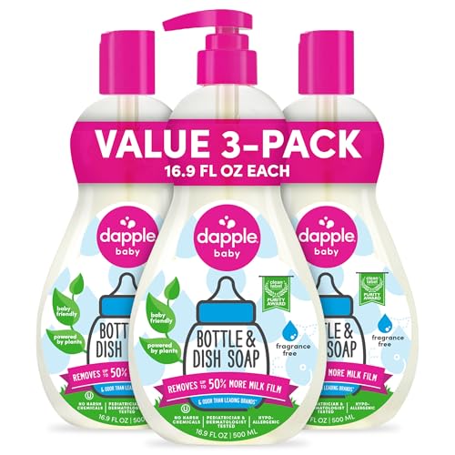 Image of Dapple Baby Fragrance Free Bottle & Dish Soap - (3 Pack) 16.9 fl oz - Cleans Baby Bottles, Sippy Cups, Pacifiers, Breast Pumps, & More - Gently Removes Milk Film & Odors - Includes 1 Pump