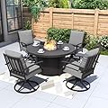 Kurapika 5 Piece Metal Outdoor Patio Furniture Set with Round Fire Pit Table, Patio Conversation Sets 4 Swivel Chairs with Thick Cushion and 40000 BTU Fire Pit Table, Gray