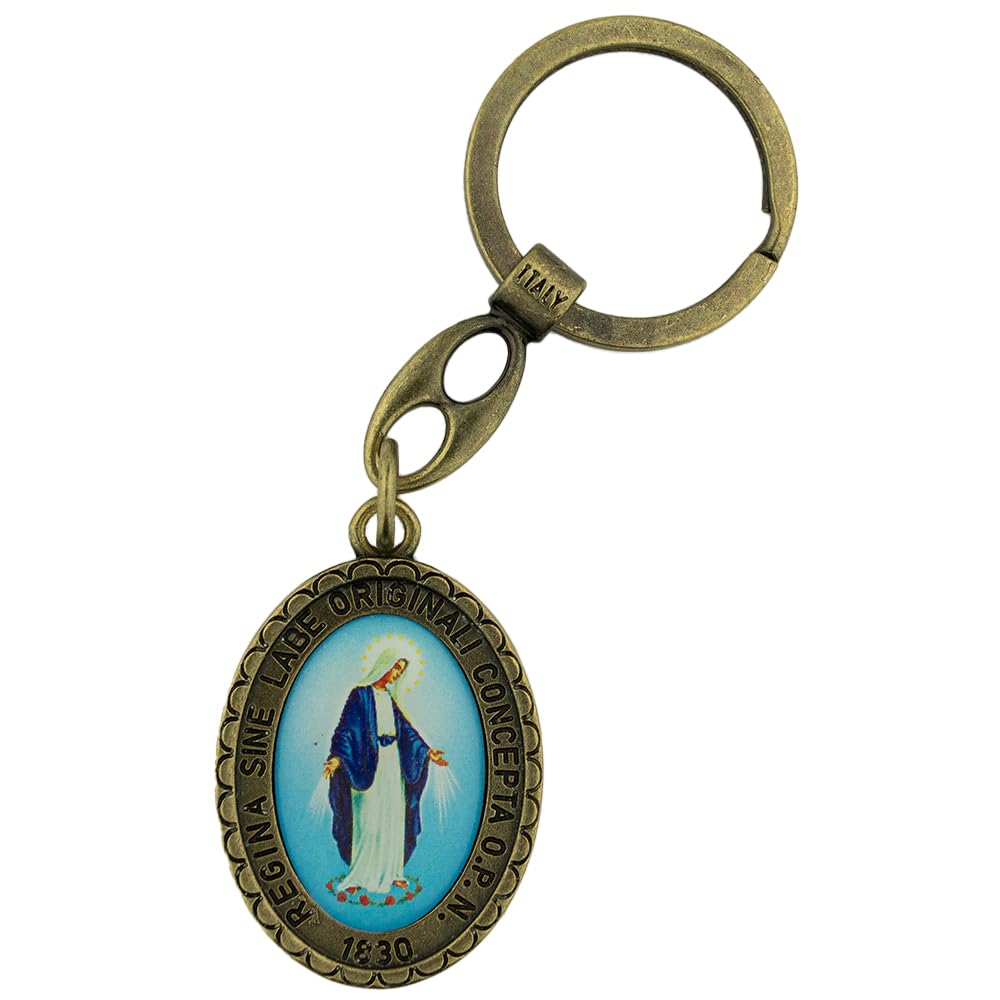 Our Lady of Grace Miraculous Medal Keychain | Brass-tone Finish | Great Catholic Gift for First Confirmation, Communion, and Graduation | Made in Italy, Bronze, 4"