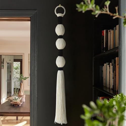 IOWER Macrame Wall Hanging Boho Wall Decor Small Sphericity Cotton Textile Tassel Hanging Fiber Yarn Art for Living Room Bedroom 27'' L x 2.3'' W