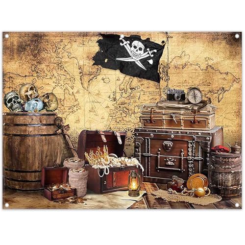 Swepuck 8x6ft Fabric Pirate Backdrop Nautical Map Treasure Jewelry Photography Background Kids Birthday Adventure Party Halloween Decorations Photo Banner Props