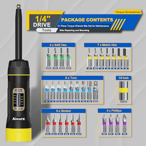 Image of Long Shank Torque Screwdriver Set, 10-80 Inch Pounds lbs, 32 Piece 1 /4 inch Drive Torque Screwdriver Wrench with S2 Steel Bits for Bicycle Mechanics, Mechanical Equipment, and Mounting