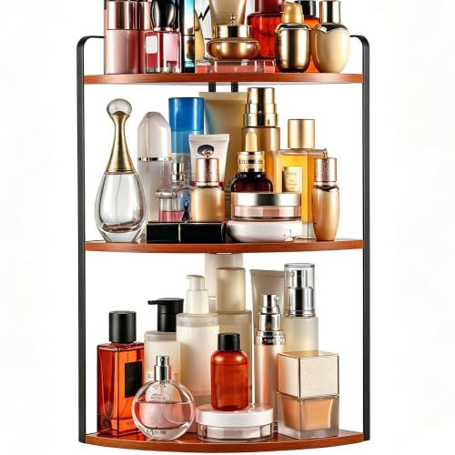 Image of 3 Tier Corner Bathroom Counter Organizer, Countertop Organizer, Makeup Organizer Countertop, Bathroom Storage Sink Shelf, Wooden and Metal Counter Shelf (Red Brown)