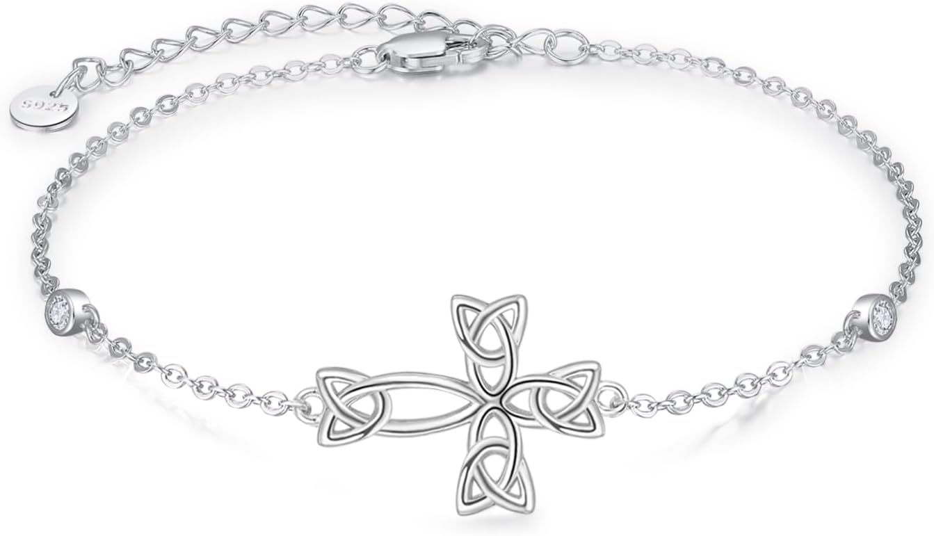 Palpitate Cross Bracelet Celtic Knot Bracelet 925 Sterling Silver Bracelet Cross Christian Irish Jewelry Gifts for Women Wife Her Adjustable