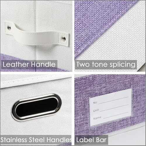 Image of PRANDOM Storage Bins with Lids [3-Pack] Linen Fabric Foldable Storage Boxes Organizer Containers Baskets Cube with Cover for Bedroom Closet Office White&Purple (23.4X15.9X11.4)