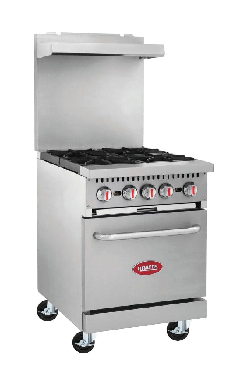 Kratos 24" Wide Commercial Gas Range with Four Burners and Standard Oven, Stainless Steel Mobile Range for Restaurants, 150,000 Total BTU, Liquid
