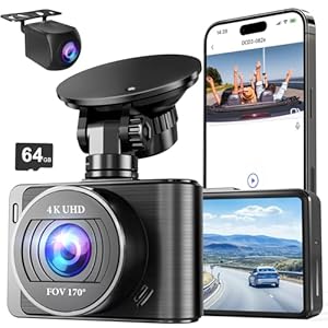 Dash Camera, 4K/1080p Dash Camera Front and Rear, Built-in 5GWiFi, Dash Cam with 64GB SD Card, Full HD 2.0” IPS Screen, for App Control, G-Sensor, Loop Recording, and Parking Mode