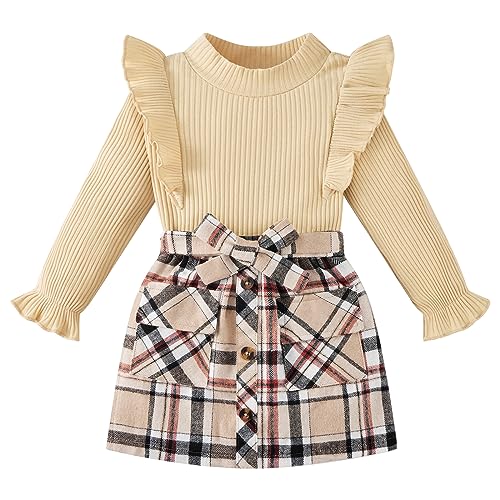 Image of Weixinbuy Toddler Girl Fall Winter Clothes Solid Long Sleeve Ribbed T-Shirt Knit Tops Plaid Button Mini Skirts Set Outfits
