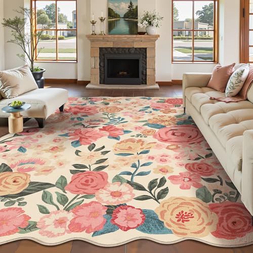 Tapete Floral Lavable 5x7 Beige Suave Antideslizante Bajo Pelaje miniatura 5