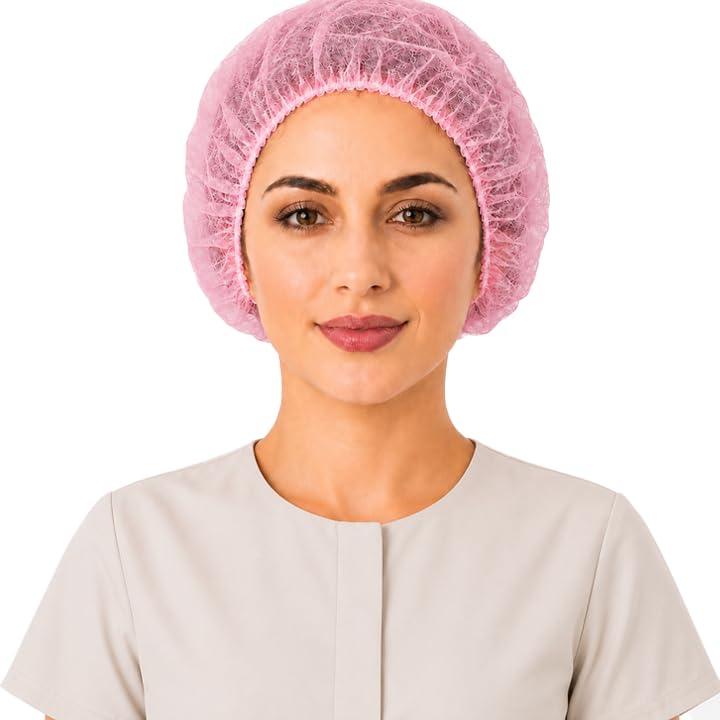 Image of Disposable Bouffant Caps, 21inches Hair Net, Elastic Dust Cap for Food Service, Kitchen Head Cover (Pink)