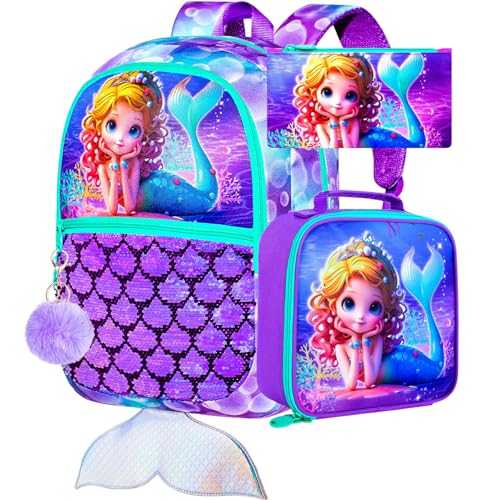 Image of 3Pcs Mermaid Backpack for Girls, 16 inch Sequins Kids Bookbag with Lunch Box, School Backpacks Set for Elementary Preschool Kindergarten(Purple)