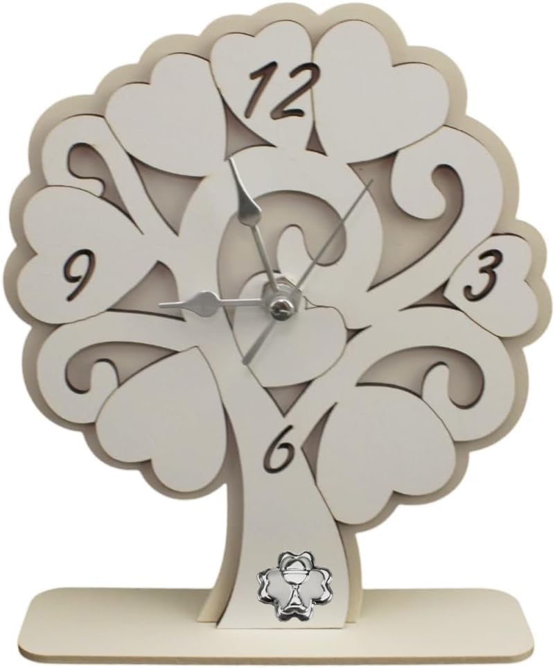 DLM-A1454 Bomboniera Orologio in legno GRANDE Albero della Vita cm 18x16x4 Linea Cuore Cuoricini con piastra quadrifoglio col Calice utile per la Prima Comunione di un Bambino o Bambina