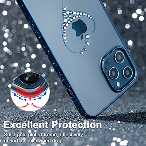 51N+OYCG95L KINGXBAR Luxury Heart Series Case Clear Gold Plated Protective Cover with Shiny Crystals from Swarovski Compatible with Apple iPhone 12 Pro Max, 6.7 inch,Transparent Thin Hard Skin Phone Covers Blue - Image 4