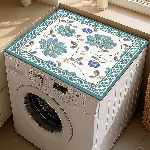 Image of Yellow Weaves Washer & Dryer Cover for Top, 60 x 60 cm, Washing Machine Top Protector Mat for Kitchen /Laundary Room, Water Absorbing, Dustproof, Scratch Resistant & Non-Slip (Floral Teal)