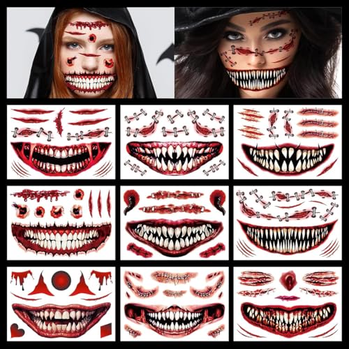 livre 9 feuille Cicatrice Halloween, Tatouage Halloween pour Visage, tatouages têtes de mort, Adulte Maquillage Halloween,Tatouages temporaires pour Halloween Déguisements et accessoires