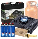 Camping Gas Portatil con adaptador de Bombona + 4 Cartuchos, Pack Hornillo...