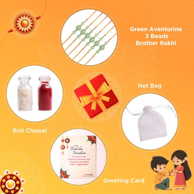 Image of Shubhanjali Crystal Beads Rakhi for Brother | Handmade Healing Crystal Stone Designer Rakhi for Bhaiya | Raksha Bandhan Gift Set with Roli Chawal, Kumkum, Greeting Card & Potli
