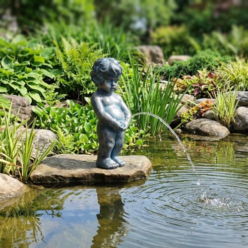 Bronze Resin Spitter Statue with Solar Water Fountain Angel Decor Peeing boy Statue Plant Water Solar Powered Garden Boy Water Fountain Garden Decorative Resin Crafts (Bronze 4.7 * 4.3 * 12.2inch)