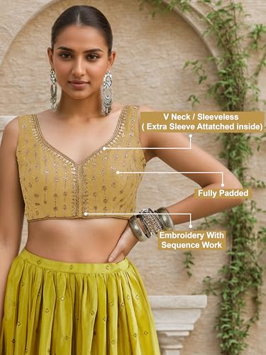 Image of TRENDMALLS Women's Dhupion Silk Embroidery Sequence Work V Neck Sleeveless Blouse Choli Stylish Saree Blouse Ready to Wear