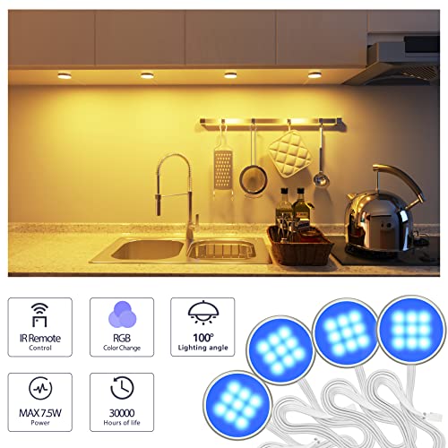 Image of MYPLUS Under Cabinet Lighting Kit, RGB Puck Lights with Remote Control Color Changing and Bright LEDs,12V, 7.5W Plug-in Wired led Lighting kit for Cabinet, Counter, Closet, Shelf, Display Case