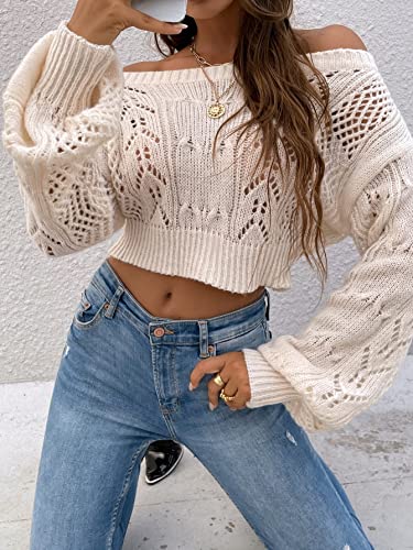 Floerns Women's Off Shoulder Bishop Long Sleeve Pointelle Knit Sweater Crop Top3