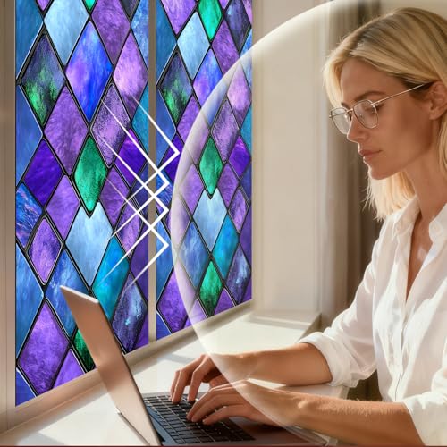 Image of Nuxovilar Stained Glass Window Film Purple Teal Diamond Pattern PVC 17.7 x 39.4 Inches Window Clings for Glass Surface Privacy Decor for Entryway Bedroom Sliding Door