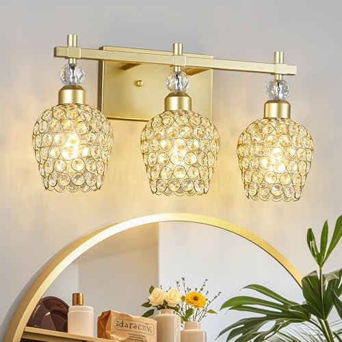 Image of Modern Crystal Bathroom Light Fixtures - Gold 3 Light Vanity Lighting with Crystal Wall Lamps Over Mirror