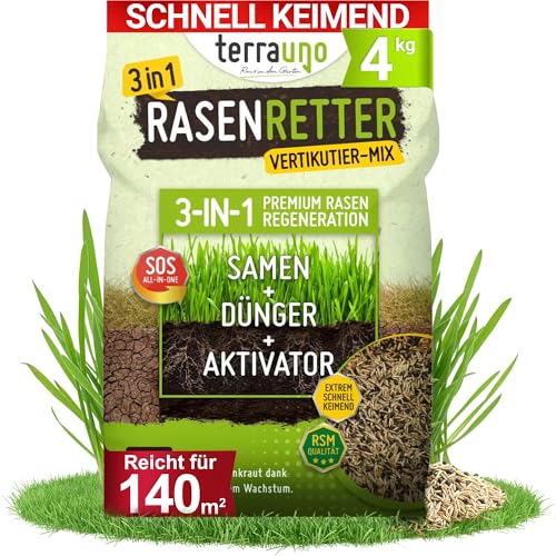 Terrauno - Rasenretter Vertikutiermix I 4 kg für 140 m I Rasendünger Rasensamen & Bodenaktivator I 3in1 Rasenreparaturmischung I Rasendünger Frühjahr mit Grassamen gegen kahle Stellen I Nachsaat