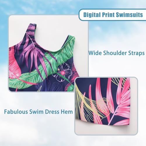 Image of Girls One Piece Swimsuits Leopard Bathing Suit for Kids Hawaiian Swimwear with Skirt Swim Dress 3-16 Years
