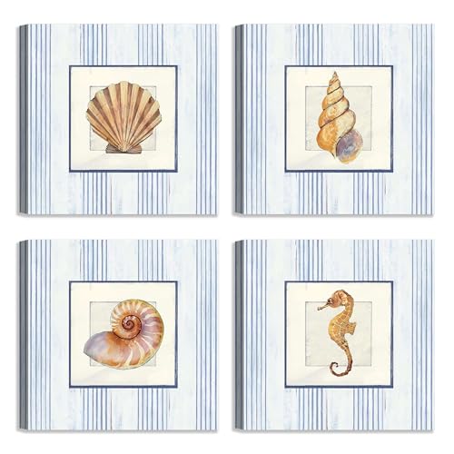 LuxHomeDecor Set di 4 Quadri Marini 30x30 cm – Conchiglie e Cavalluccio Marino su Sfondo a Righe Azzurre – Stampa su tela con telaio in legno – Decorazione per Bagno, Ingresso o Casa al Mare