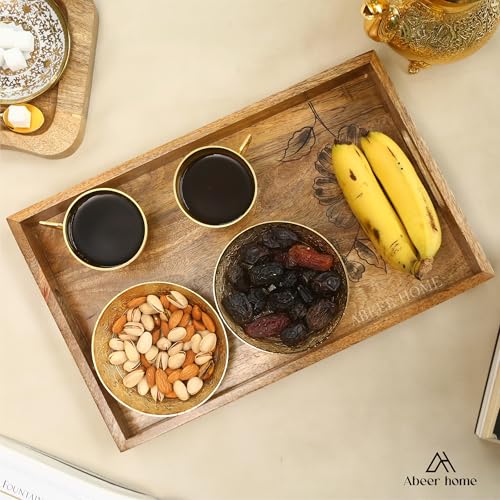 Image of Wooden Serving Tray - 16 x 10 Inches | Handpainted Floral Pattern with Raised Edges | Durable Mango Wood Breakfast Tray | Wooden Serveware Trays for Tea, Snacks & Sweets, Home & Dining