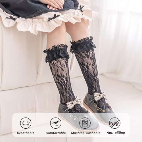 LOLANTA Girls Lace Knee High Socks 2 Pack Sheer Patterned Hollow Cute Ruffle School Stockings 5-9Years2