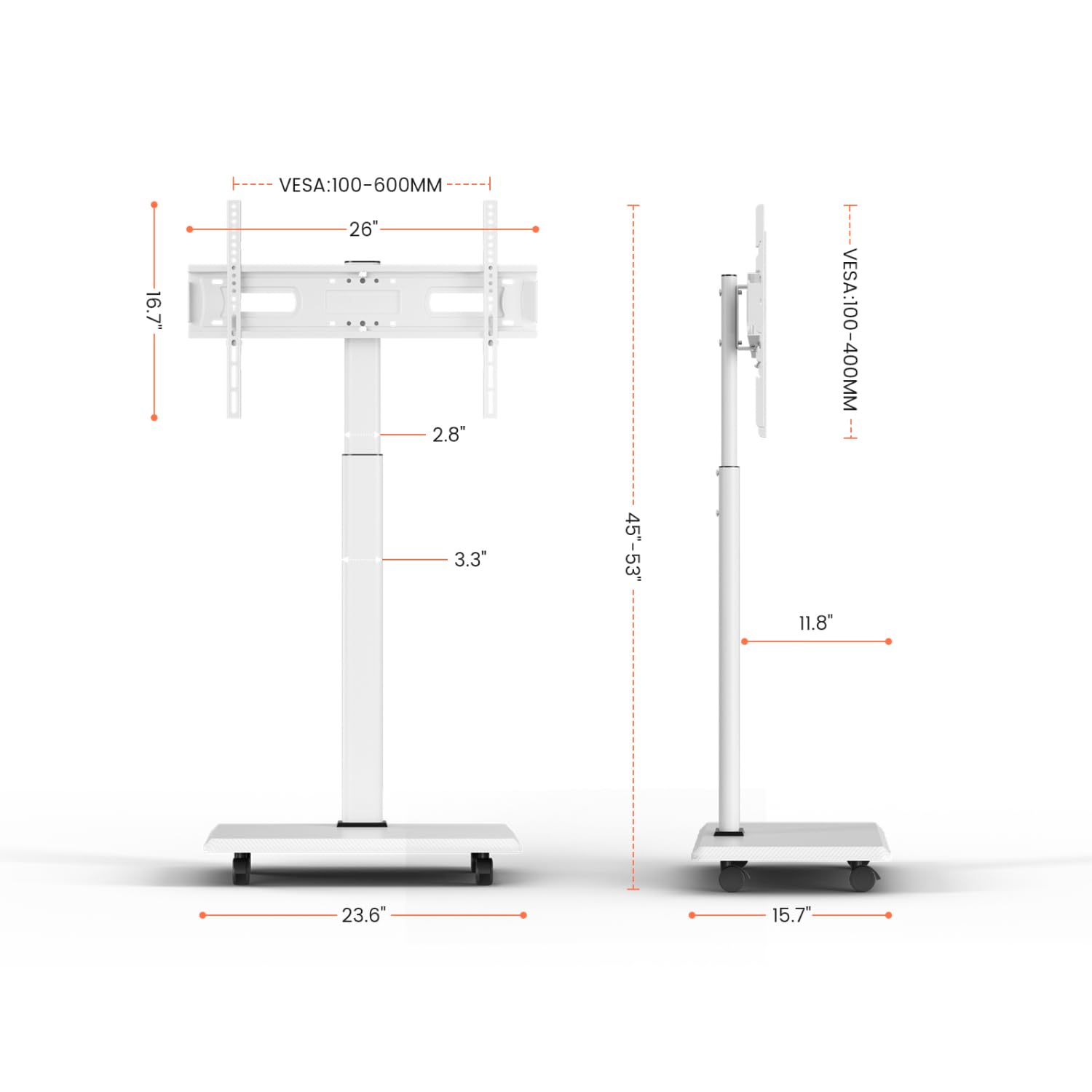 NearHub Support TV sur Pied pour TV 26-70 Pouces, Support TV roulettes Réglable en Hauteur (6 Niveaux), Rotation ±25°, Charge Max 40 kg, Norme VESA 100x100mm-600x400 mm, Blanc