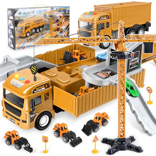 LumenVela Camion Enfant, Engins de Chantier Jouet avec Son et Lumière, Camion avec Grue Jouet, Geburtstags Weihnachts Geschenke für Jungen AB 3 Jahren