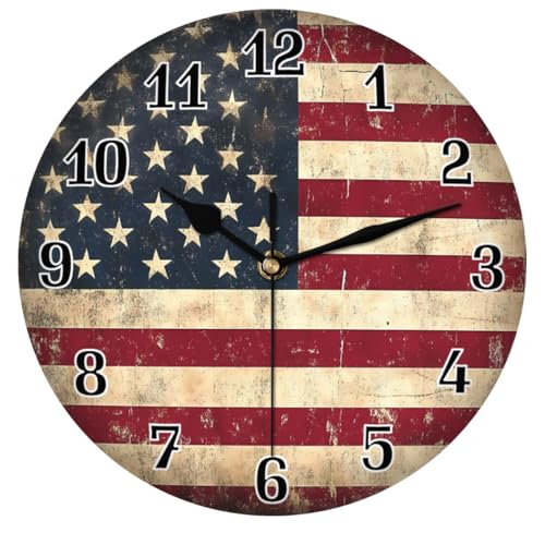 WXLIFE - Reloj de pared redondo de acrílico con la bandera estadounidense vintage de Estados Unidos, pintura artística silenciosa sin tictac para dormitorio de niños, sala de estar, oficina, escuela