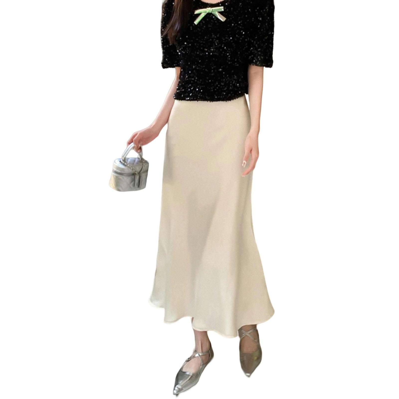 TEidea Gonna Lunga Donna Stile di Moda, Gonna in Raso Lungo, Elegante Gonna A Una Linea A Colori Solida in Vita Alta per La Donna Casual di Ufficio
