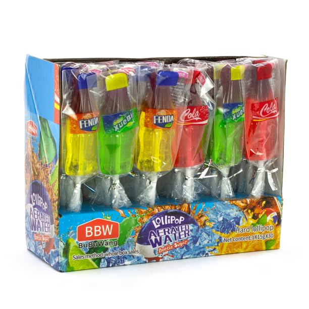 Piruletas Forma de Botella Refresco – Caja de 30 Unidades | Colores y Sabores Surtidos | Dulces Divertidos para Fiestas y Eventos