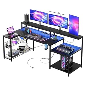 Gaming Tisch, 181×80 cm Schreibtisch mit LED-Leuchten, L-förmiger Schreibtische mit 3 AC-Steckdosen und 2 USB Ladeanschluss, Computertisch mit großzügiger Monitorablage, Kohlefaser Schwarz