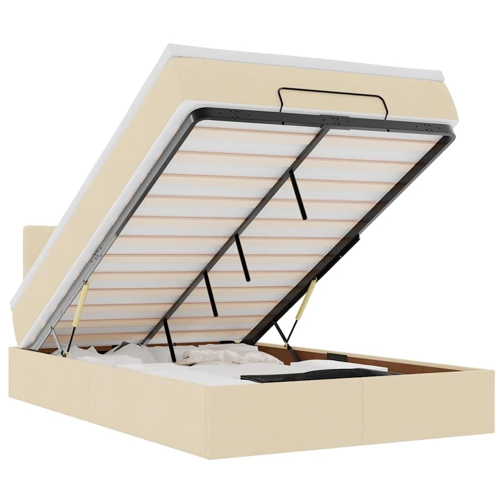Cama otomana con colchón, 120 x 200 cm, tela crema, LED, gran espacio de almacenamiento, mecanismo de elevación hidráulica para jóvenes y habitaciones de invitados