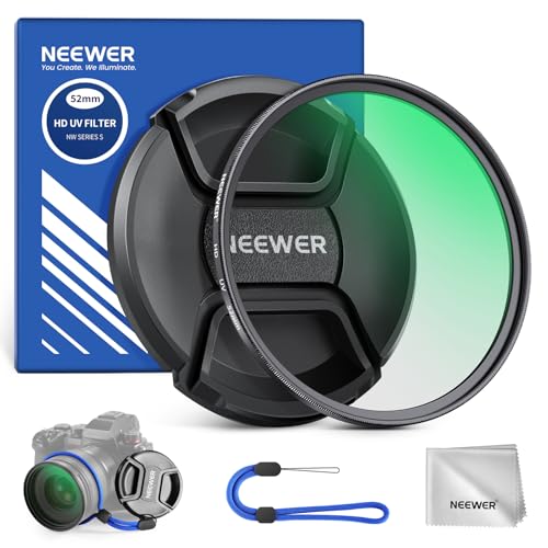 NEEWER 52mm UV MC Filtro Protección con Tapa Lente, Nanorrecubrimientos Resistentes/Vidrio Optico HD/Repelente al Agua/Resistente a Arañazos/Marco Ultradelgado Aaleación Aluminio/Filtro Ultravioleta