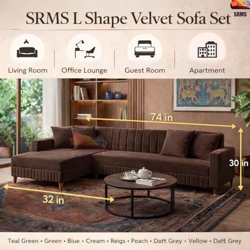 Image of SRMS Solid Wood 4 Seater L Shape Velvet Fabric Sofa Set with Four Cushions | Perfect for Home Office Guests Living Room | Sofa Set for living Room | 74 x 32 x 30 inches | Light Brown